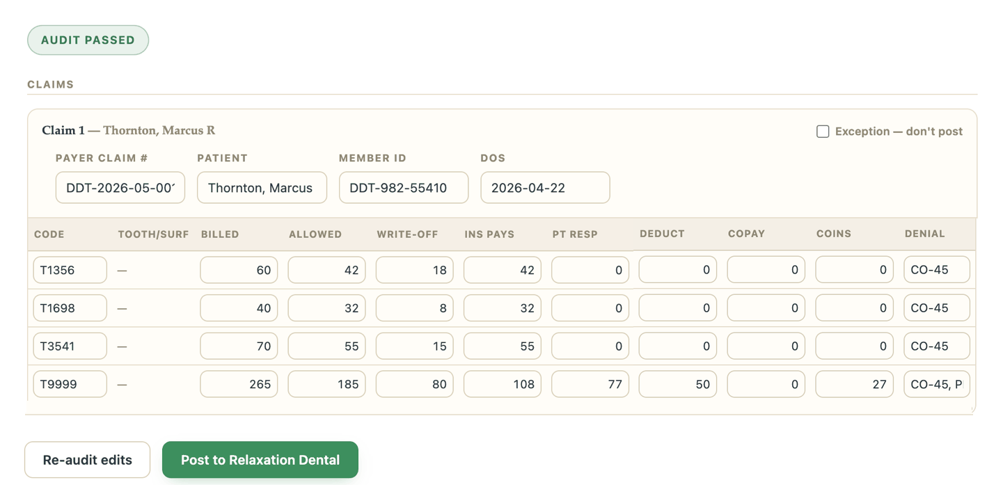The Argus review screen with a passed audit: an extracted claim for Marcus R Thornton showing billed, allowed, write-off, insurance-pays, patient-responsibility, deductible, copay, coinsurance, and denial-code columns for each procedure code, above Re-audit and Post buttons