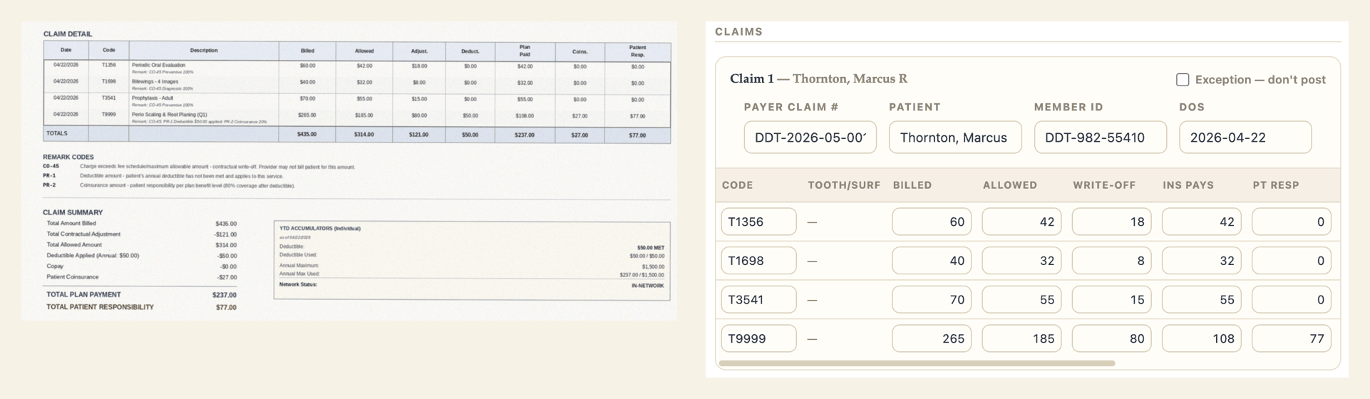 A dental EOB claim-detail table beside the same claim extracted by Argus into structured fields: procedure codes with billed, allowed, write-off, insurance-pays, and patient-responsibility amounts